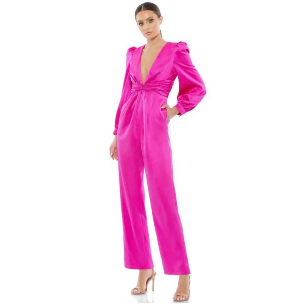 Mac Duggal Fuchsia Satin Plunge Long-Sleeve Jumpsuit